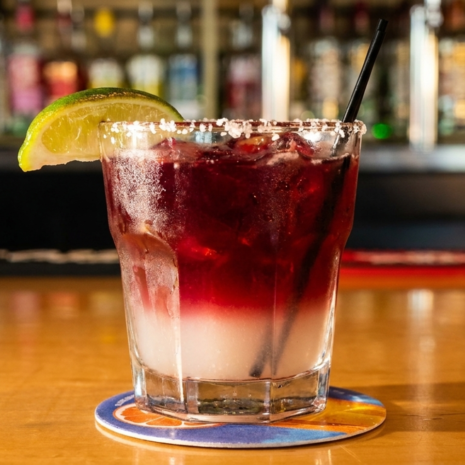 Layered red and white cocktail with a salted rim, lime wedge, and straw on a bar counter.